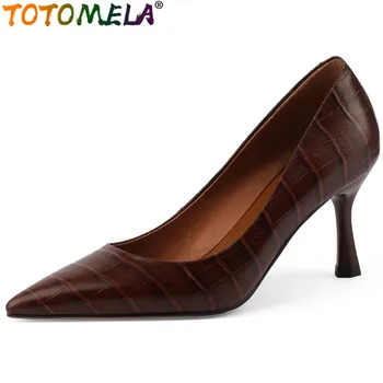 TOTOMELA 2023, Новые винтажные Женские туфли из натуральной кожи с острым носком на тонком высоком каблуке, офисные женские туфли-лодочки без застежки