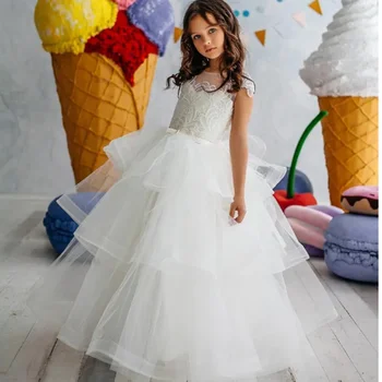Платье с цветочным узором для девочек 2023, тюлевое кружевное платье принцессы для девочек, платье для первого причастия без рукавов, детское платье на день рождения, детское платье