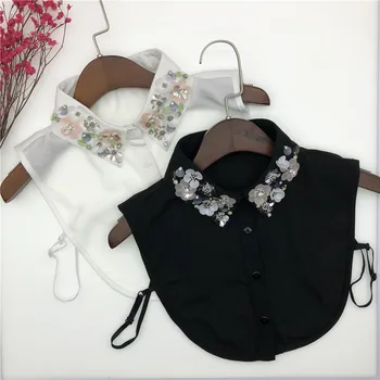 Женская черно-белая рубашка с накладным воротником, вышивка, поддельный воротник, Женская тонкая блузка с лацканами, Съемные воротники, Декор рубашечных шейных платков
