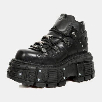 Черные кожаные ботинки с металлической пряжкой в стиле панк, Женская кожаная обувь на толстой подошве, на шнуровке, роскошная дизайнерская обувь, мотоциклетные ботильоны