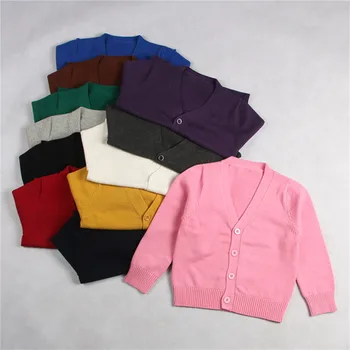 Детский вязаный свитер, кардиган с V-образным вырезом, свитер, маленькое пальто, осенняя одежда, кардиган для детской школьной формы для девочек и мальчиков