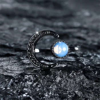 Роскошное женское Открытое кольцо с голубым лунным камнем, шарм, Кольца черного цвета Для женщин, Регулируемое кольцо с круглым камнем