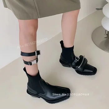 Новые ботинки Челси на толстом каблуке в британском стиле, женские короткие ботинки с квадратным носком, пряжка для ремня, маленькая металлическая сумка на молнии, обувь в стиле панк