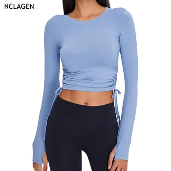 NCLAGEN Осень-зима, женская футболка для занятий йогой с двойной шнуровкой, облегающий топ для фитнеса с длинным рукавом, спортивная тренировка в тренажерном зале, бег