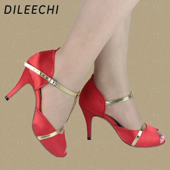 Женские туфли для латиноамериканских танцев из красного атласа DILEECHI, туфли для квадратного танца, туфли для бальных танцев, женские туфли на высоком каблуке 8,5 см