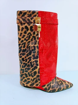 Брендовый дизайн, женские ботинки до середины икры с металлическим замком, Леопардовые лоскутные ботинки на танкетке, мотоциклетные ботинки из крокодиловой кожи в стиле пэчворк.