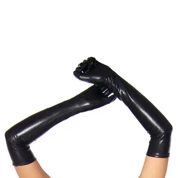 Длинные перчатки из кожаной оптики, один размер, Черный - Black