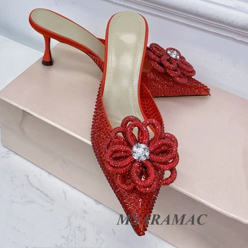 Красные хрустальные туфли Muller с острым носком в виде цветка, кожаные тапочки на высоком каблуке, модельные туфли, модная женская обувь для ночного клуба, летние