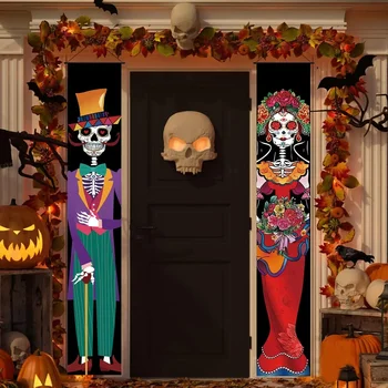 1 Пара Украшений День мертвых Баннер на Хэллоуин Вывеска на крыльце Украшения для Мексиканской вечеринки Череп Добро Пожаловать, Подвесной дверной баннер
