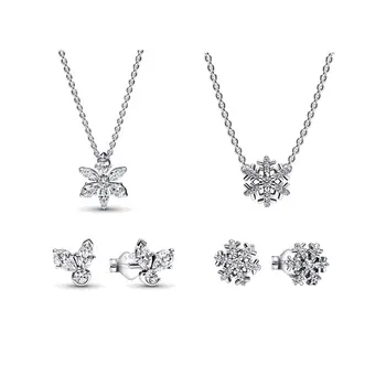 Женский набор украшений 925Silver Charm с образцом искрящегося цветка, ожерелье, Серьги, Аксессуары в виде искрящейся Снежинки, Индивидуальность