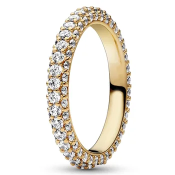 Аутентичное кольцо из стерлингового серебра 925 пробы, золотое сияние, Вневременное паве, однорядное с кристаллом, кольцо Для женщин, подарок, изысканные европейские украшения
