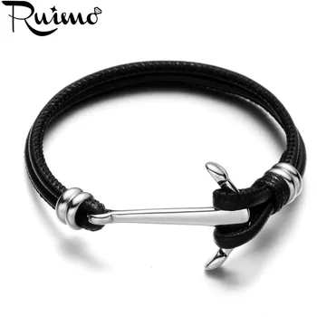RUIMO Модные мужские браслеты из нержавеющей стали 316L, 2 дизайна, Полированные браслеты с подвесками-якорями, Кожаная Плетеная Веревка, Браслет Унисекс