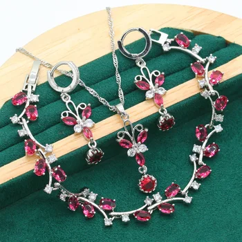 2021 Классический комплект ювелирных изделий из красного циркона серебристого цвета для женщин, свадебный браслет, серьги, ожерелье, подвеска, подарок на день рождения