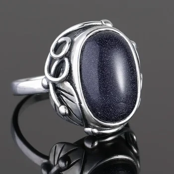 Кольцо из серебра 925 пробы, Синий песчаник, Винтажное кольцо, Женский Большой эллипсоидный камень, подарок из эллипсоидального драгоценного камня 11x17 мм