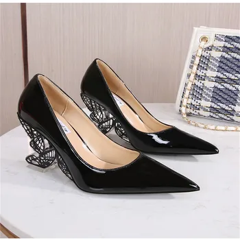 Женская обувь с бантиком на каблуке 2023, летняя женская обувь из лакированной кожи с острым носком, пикантные женские туфли для выпускного вечера на высоком каблуке-бабочке с бабочкой