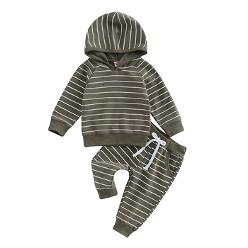 Осенне-зимняя одежда для малышей, спортивный костюм в полоску с принтом, топы с капюшоном для мальчиков и девочек, штаны, комплект из 2 предметов, хлопковая толстовка для младенцев
