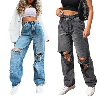 Новейшие женские Корейские джинсы с широкими штанинами 2021 года, модные однотонные рваные джинсовые брюки неправильной формы с высокой талией