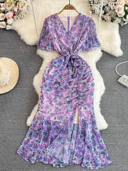 Летнее Шикарное Винтажное Шифоновое платье с короткими пышными рукавами и V-образным вырезом, на шнуровке, с оборками, женское платье с цветочным принтом, фиолетовое платье-русалка с разрезом, Vestido