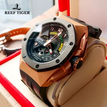 Мужские часы Reef Tiger/RT класса люкс из нержавеющей стали, розового золота, Каучуковый ремешок, сапфировое стекло, водонепроницаемые автоматические механические часы