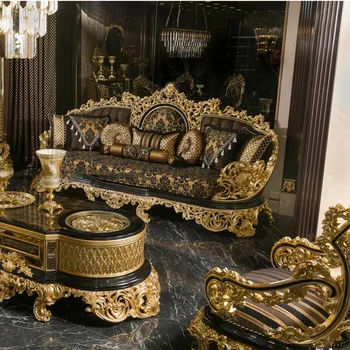 Роскошный Антикварный Традиционный Набор Мебели Для Гостиной из Черного Золота с Классической Королевской Резьбой ручной работы