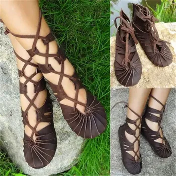 Готические винтажные ботинки середины века для женщин, эльфийские листья ведьмы, обувь на шнуровке, костюм для косплея, винтажные сандалии на плоской подошве с ремешками, лето