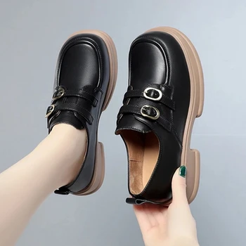 Женские лоферы 2023, новинка, весенняя женская обувь на платформе с двойной пряжкой в британском стиле, модная женская обувь из натуральной кожи