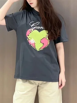 Женская футболка с буквенным принтом в виде сердца, новинка весны 2024 года, повседневный женский пуловер с круглым вырезом, футболки, универсальные топы