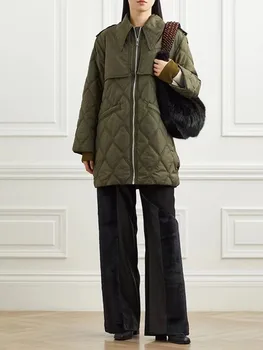 Женская куртка-парка с заостренным воротником, 2 цвета, свободные женские клетчатые стеганые куртки на молнии с длинным рукавом на осень-зиму 2023 года