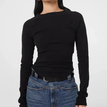 Осенне-зимняя рубашка из тонкого эластичного хлопка 2023, Приталенный базовый топ с длинным рукавом, футболка для женщин