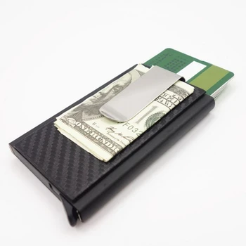 Мини Тонкий кошелек Автоматический выдвижной футляр для карт из углеродного волокна искусственной кожи RFID Кошельки Алюминиевые ID Наличные Держатель кредитной карты Зажим