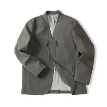 Американский серый функциональный пиджак без воротника, модные Классические повседневные свободные уличные куртки, мужское пальто, мужская одежда