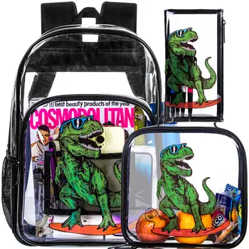 Прозрачный рюкзак из 3ШТ для Мальчиков, Детская Прозрачная Сумка Для Книг, Милая Прозрачная Школьная сумка для Малышей Младшего Дошкольного возраста - Blue Dinos