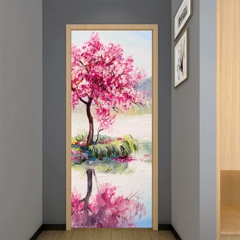 Наклейки на двери в виде цветов, наклейки на розовое вишневое дерево, красивые настенные росписи на дверях в виде натуральных цветов, плакат, обои для украшения