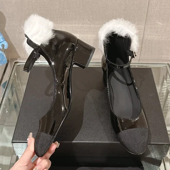 Женские туфли на высоком каблуке из высококачественной ткани черного и белого цвета с шерстью в тон, женские туфли на высоком каблуке из высококачественной ткани с шерстью