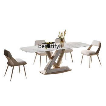 Обеденный стол с каменной плитой, Легкий Роскошный обеденный стол высокого класса, Набор обеденных столов и стульев в домашнем кремовом стиле
