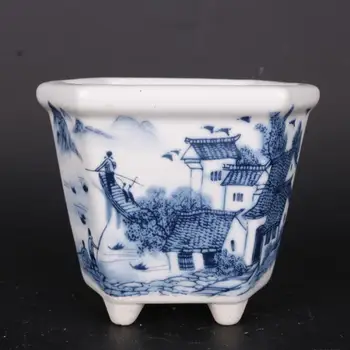 Китайский Бело-Голубой Фарфоровый Цветочный Горшок Water Town Design 4,49 дюйма