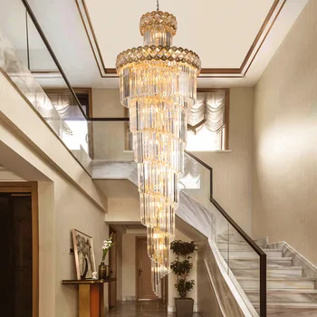 Современная хрустальная люстра для кухни Светильник на длинной цепочке для виллы Большой Декор для дома Золотая лампа Cristal из нержавеющей стали