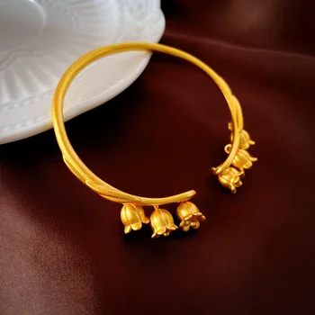 Браслет с отверстиями в виде цветов Лилии, настоящее Золотое покрытие, Модный браслет для женщин