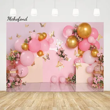 Фон для Фотосъемки Mehofond Cake Smash Decor Для Вечеринки По Случаю Дня Рождения Новорожденного Розовый Воздушный Шар Бабочка Обложка Фотофон Студия