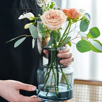 Американская легкая роскошная ваза из скандинавского стекла Синего цвета с небольшим отверстием Для креативного украшения стола в доме, саду, гостиной.