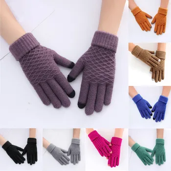 Женские осенне-зимние теплые толстые трикотажные перчатки с пятью пальцами для сенсорного экрана