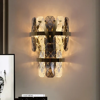 Роскошный настенный светильник Crystal V для гостиной, прикроватной тумбочки в спальне, коридора отеля, современного украшения дома, светодиодных бра из черного золота, освещения