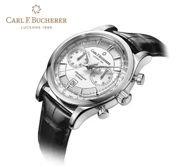 Новые часы Carl F. Bucherer, хронограф Marley Dragon Flyback, серо-синий циферблат, Верхний кожаный ремешок, кварцевые мужские часы класса Люкс