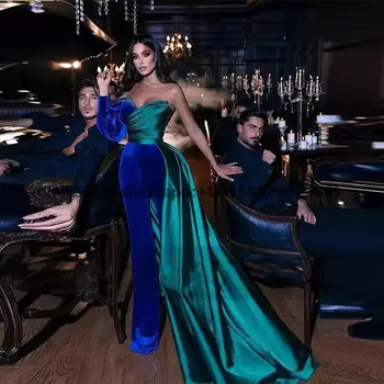 Женское вечернее платье из бархата и пятен, сшитое на заказ, синие и зеленые комбинезоны в стиле пэчворк на одно плечо, платье для выпускного вечера без бретелек.