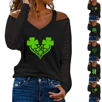 Женская Рубашка St Pa Tricks Day С Длинным Рукавом, Открытыми Плечами, V-образным вырезом, Зеленая Ирландская Футболка, Топы с длинными Рукавами для Женщин, Многослойная Рубашка, Женская