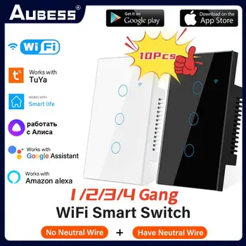 Aubess Tuya US WiFi Умный Настенный Выключатель 1/2/3/4 Банды Без Нейтрального Провода Сенсорный Датчик Светодиодные Выключатели Умный Дом Alexa Google Home