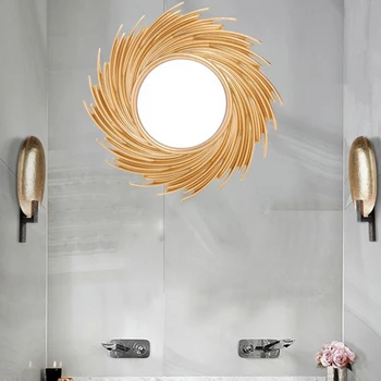 для декоративного зеркала в форме солнца, ротанга, Инновационное художественное оформление, Круглое зеркало для макияжа, Туалетное зеркало для ванной комнаты, Настенное подвесное зеркало B03E