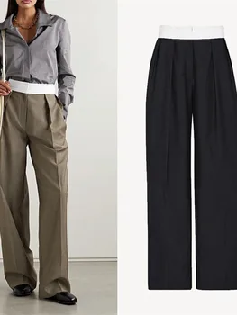 Женские длинные брюки с контрастной талией, женские повседневные плиссированные простые прямые брюки с высокой талией