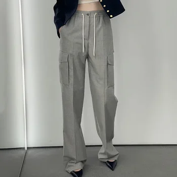 Женские весенне-осенние модные клетчатые брюки NIGO с несколькими карманами, высокой талией, эластичным шнурком, прямыми повседневными брюками Ngvp #nigo7246