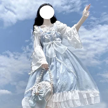 Голубая Алиса в Стране Чудес, Милое платье в стиле Лолиты для женщин, Японское чаепитие, Мягкое платье принцессы Каваи для девочек, Сказочные платья
